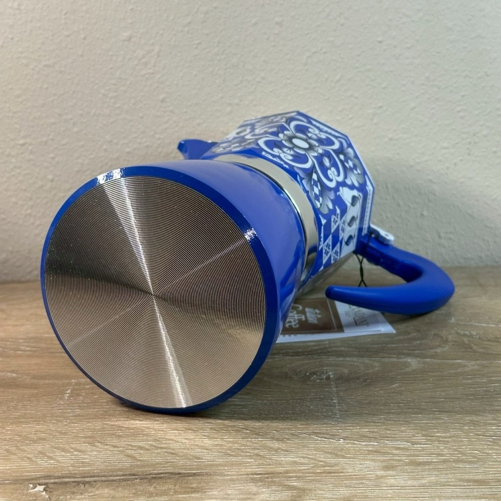 Brandani 9 Cup Italian Coffee Maker Aluminum Moka Pot Sicilian Pattern Blue - Picture 7 of 7